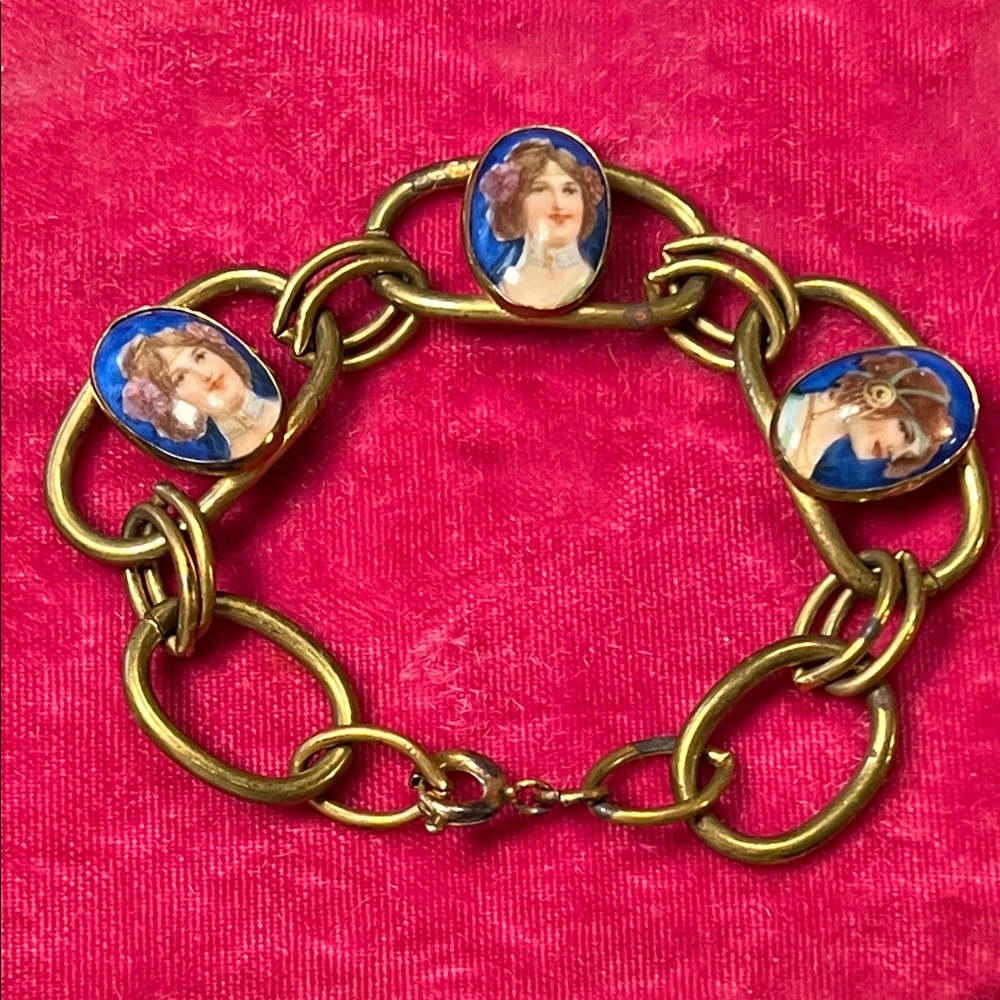 Antique Victorian Miniature Handpainted Portrait Cameo Gold Filled Link Bracelet